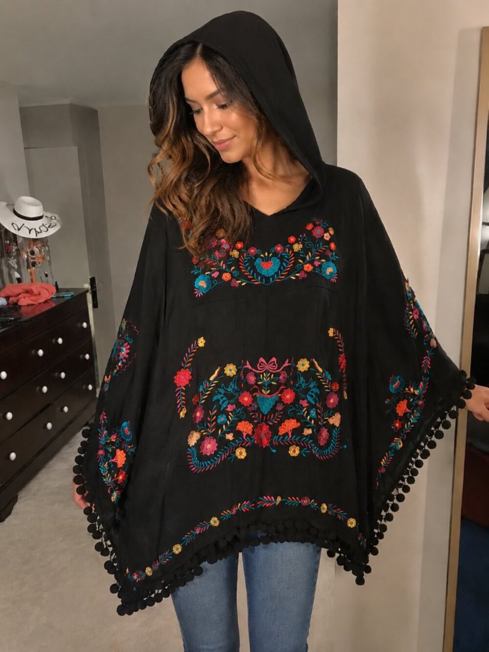 evy's tree Black Hooded Poncho with Multicolor Floral Embroidery